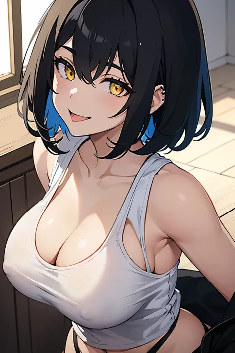 Light skin, yellow eyes, short black hair with blue tips, showing the tongue, smiling, tongue piercing, wearing a white tank top and black panties, lifting the blouse, big breasts, showing the breasts