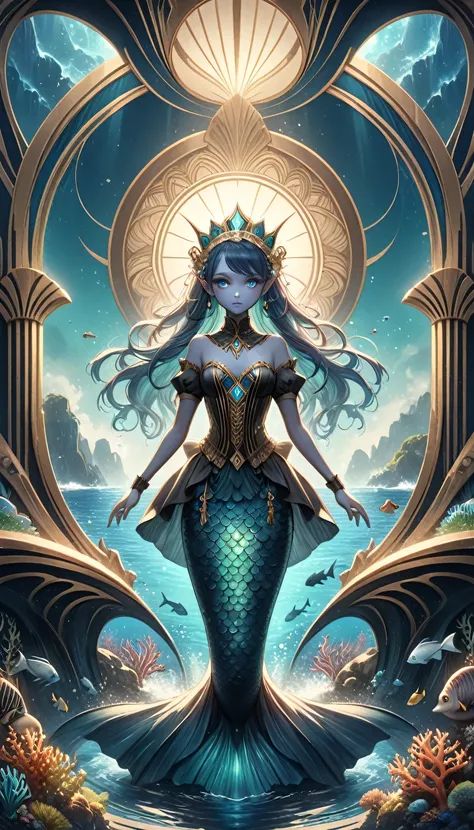 high details, best quality, 16k, ultra detailed, masterpiece, best quality, ((art deco style: 1.5)), full body, ultra wide shot, RAW, photorealistic, fantasy art, dnd art, rpg art, realistic art, an ultra wide picture of a mermaid princess in steampunk tim...