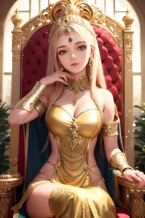 Indian 21-year-old girl with a slim fit and long messy hair, sits majestically on a grand throne, adorned in worrying golden armor. The cinematic shot is realistic, capturing every intricate detail of the armor, her facial features, and the regal throne. T...