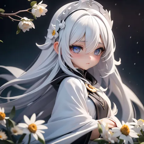 1 Girl,Solitary,1 Girl,Solitary,((Beautiful and delicate eyes)), (Detailed lighting),Depth of Field,(white hair),silver eyes,Hair covering one eye,(safflower ), Flowering,long hair,Black cape,wet,callous,look back,night,Starfall,rain,FOG,safflowers falling...