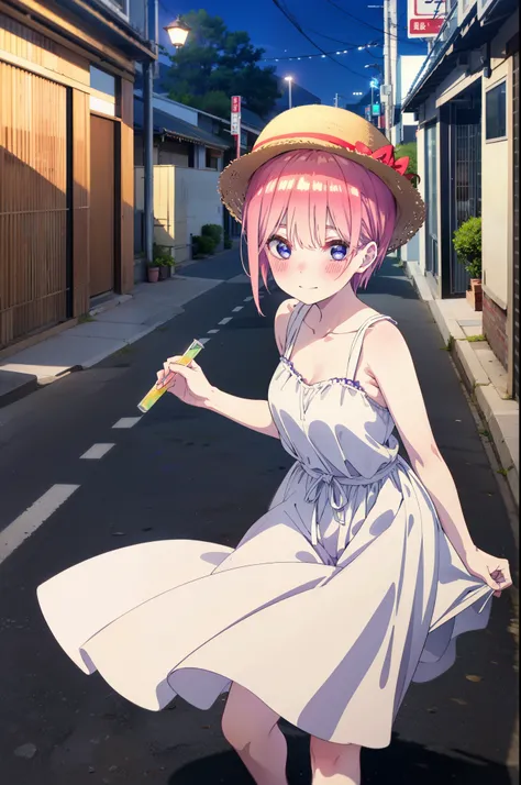 ichikanakano, ichika nakano, short hair, bangs, blue eyes, Hair between the eyes, Pink Hair, Large white straw hat,smile,Sleeveless white dress,Bare arms,White long skirt,Cute heeled sandals,whole bodyがイラストに入るように,Looking down from above,walk,moonlight,nigh...