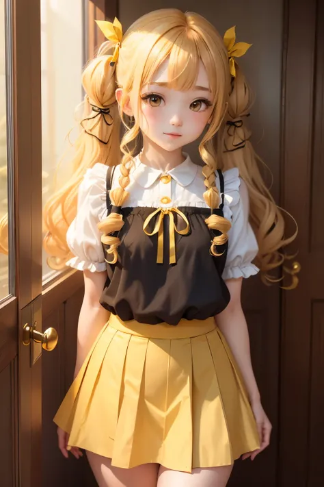 Golden Hair、cute 、Full nudity、Pubic hair visible through skirt、Curly hair twin tails hairstyle、Yellow ribbon hair accessory、