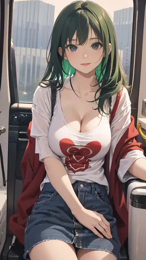 (masterpiece:1.2, Top quality),, Nice illustration, (Natural side light, light), 
Looking at the audience, 1 girl, Green Hair，Cleavage，Low-cut，Red loose-fitting T-shirt，Denim skirt，Big breasts，Sitting on the toilet，Behind is the window