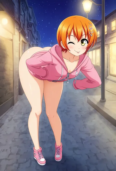 Masterpiece, best quality, Hoshizora rin, orange hair, yellow eyes,solo, looking_at_viewer, ;p,one eye closed,blush, short_hair, long_sleeves, collarbone, yellow_eyes, hair ornaments, hands in pocket, village street, hood, bare_legs, pink hoodie, standing,...