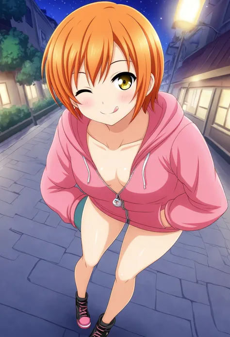 Masterpiece, best quality, Hoshizora rin, orange hair, yellow eyes,solo, looking_at_viewer, ;p,one eye closed,blush, short_hair, long_sleeves, collarbone, yellow_eyes, hair ornaments, hands in pocket, village street, hood, bare_legs, pink hoodie, standing,...