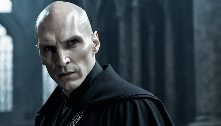 Very Handsome Lord Voldemort with a really big chiseled jawline, slim nose, hunter eyes, is looking straight with a angry look inside his magic academy, Ultra realistic, He is wearing a very fashionable Dark clothes, he is posing for a photoshoot
