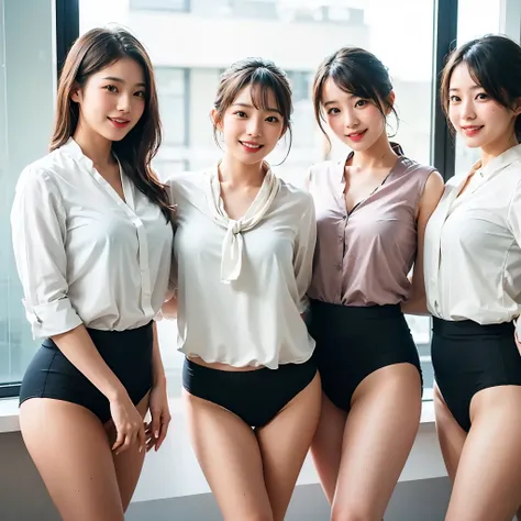 a group of three japanese office ladies, everyone looking at the viewer, in a large office, (all smiling)、highest resolution, ma...