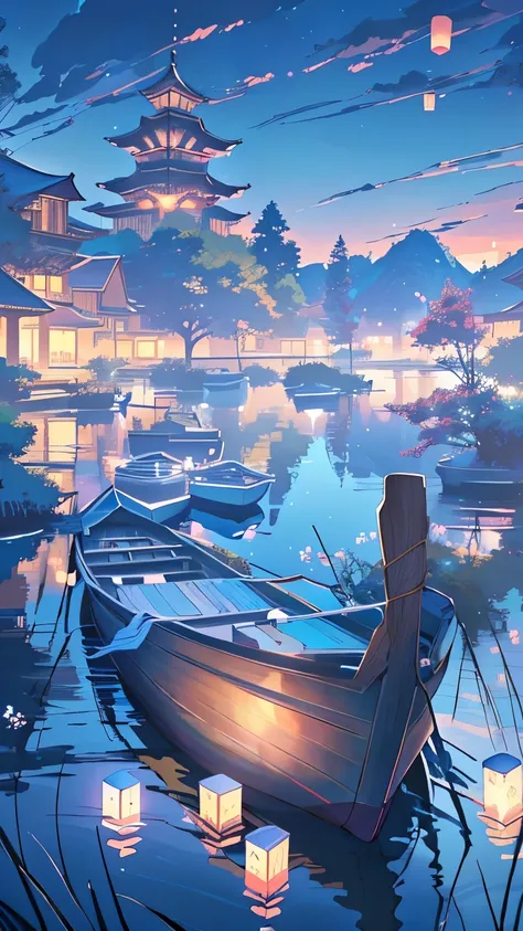 A boat floating on the lake，Anime scenery with lanterns, Anime beautiful peaceful scene, Anime Background art, Anime Art Wallpaper 4K, Anime Art Wallpaper 4K, Anime Background, Beautiful anime scene, anime art wallpaper 8 k, Anime Landscape Wallpaper, Anim...