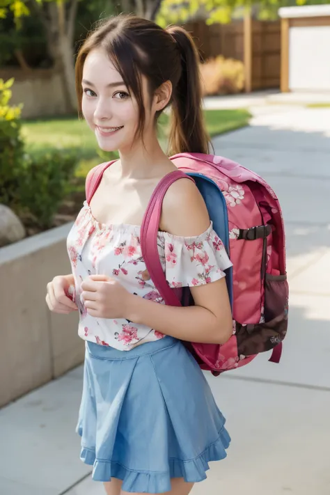 masterpiece, best quality, highres, realistic, 1girl, highschool girl, 17 y.o, long hair, one side up, solo, ponytail,brown hair, bare shoulders, pink shirt, floral print, short sleeves, off-shoulder shirt, frills, blue skirt, cowboy shot, smile,standing, ...