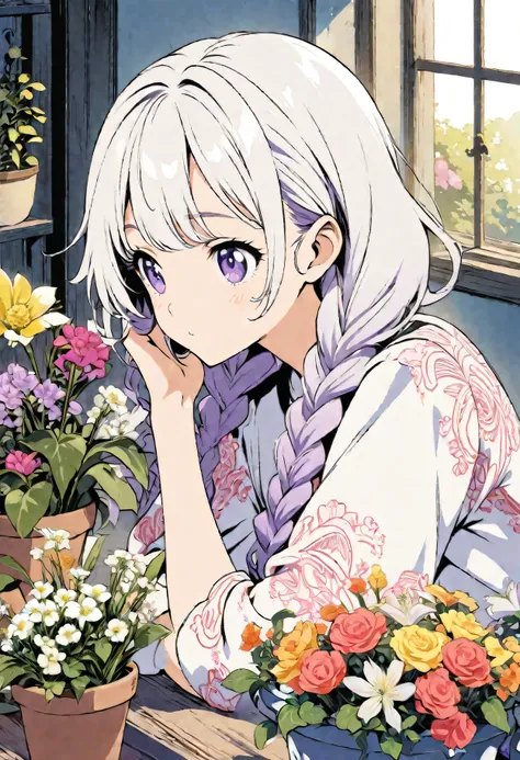 Best Quality,Official art,the Extremely Detailed CG Unity 8K Wallpapers,Slight retro color,riso print style,Illustration,Cute,1 girl,yinji, purple hair, purple eyes, long hair, white hair, double braids, gradient hair, Flowers,Window,flower pots,