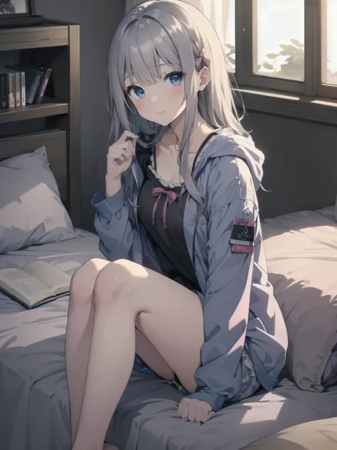 1girl, solo, long hair, looking at viewer, blush, bangs, blue eyes, long sleeves, bow, sitting, closed mouth, collarbone, jacket, hair bow, grey hair, thighs, frills, open clothes, indoors, hood, legs, book, bare legs, window, bed, on bed, stuffed toy, pin...