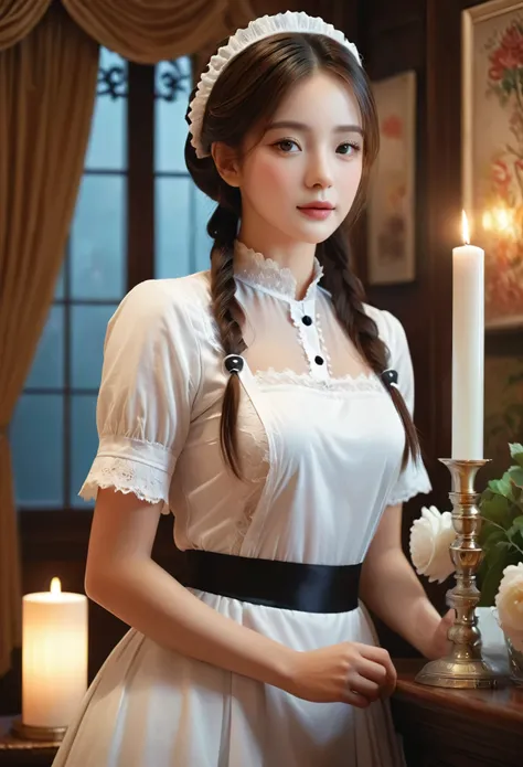 A beautiful maid in a cozy interior, photorealistic, intricate details, elegant maid uniform, delicate lace, long hair, beautiful eyes, warm lighting, high quality, digital painting