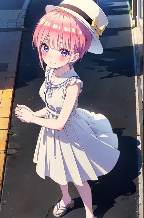 ichikanakano, ichika nakano, short hair, bangs, blue eyes, Hair between the eyes, Pink Hair, Big white hat,smile,Sleeveless white dress,Bare arms,White long skirt,Cute heeled sandals,whole bodyがイラストに入るように,Looking down from above,walk,moonlight,night,ロマンチック...