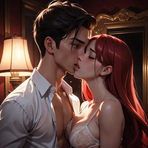 Amazing portrait of a shirtless boy passionately kissing a sexy woman wearing an unbuttoned sheer white shirt that shows the sexy red lingerie underneath in an intense scene that takes place in a dark room with one lamp giving off some warm lighting and th...