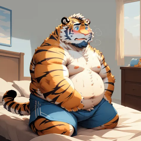 New Jersey 5 Furry,Tiger,Solitary,Chubby,Fat,Thick arms,Rugged muscles,shorts,orange Plush fur,Chubby Face,Black eyebrows,Sky blue eyes,Beard, （topless,short），blush，Sweating，Kneel down，on the bed，bedroom