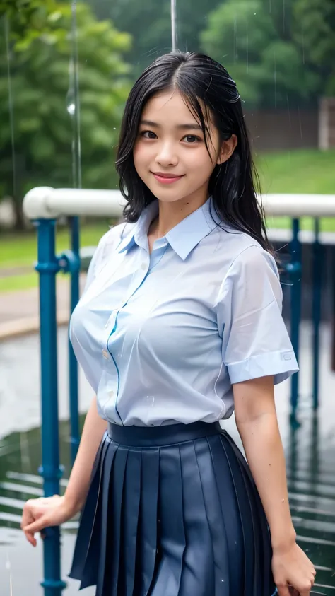 (Best-quality, Masterpiece, Ultra-High-Resolution, (Photorealistic:1.4), Raw Photo, depth of field, professional lighting, perfect anatomy, extremely details), (((at school-playground in heavy-rain))), 1girl, 15-years-old, the most famous Japanese idol, (e...