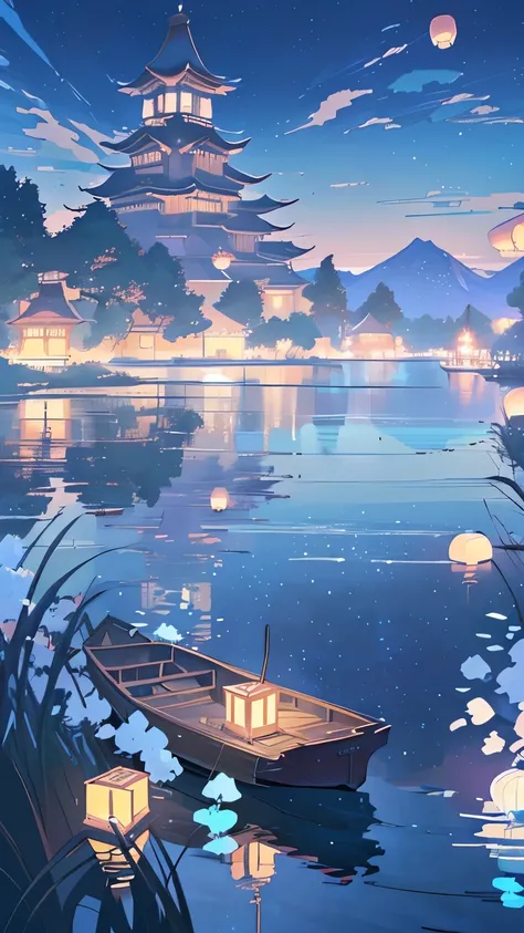 A boat floating on the lake，Anime scenery with lanterns, Anime beautiful peaceful scene, Anime Background art, Anime Art Wallpaper 4K, Anime Art Wallpaper 4K, Anime Background, Beautiful anime scene, anime art wallpaper 8 k, Anime Landscape Wallpaper, Anim...