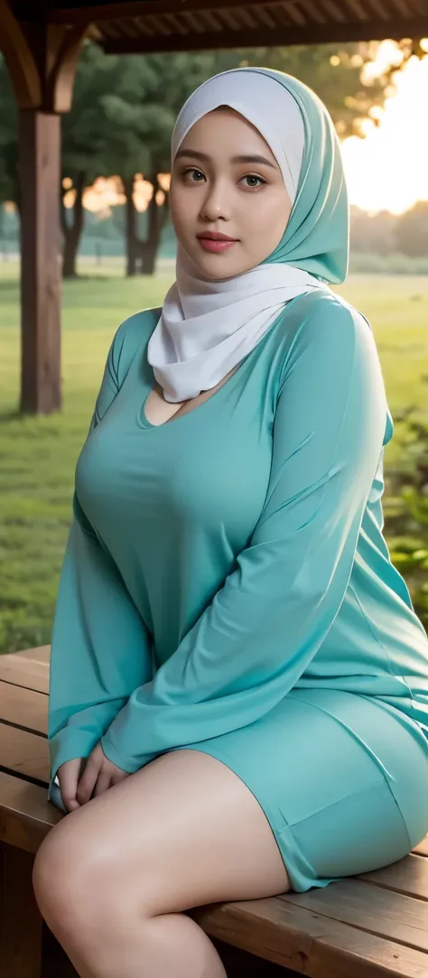 ( Close Up),RAW, Best quality, high resolution, works: 1.3), Beautiful Malay woman in hijab, Masterpiece, fit body, big breasts, beautiful big eyes, Soft smile, beautiful face, woman sitting at a table in a green meadow, traditional beauty, moment sunset, ...