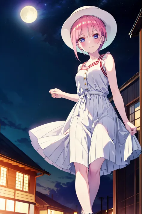 ichikanakano, ichika nakano, short hair, bangs, blue eyes, Hair between the eyes, Pink Hair, Big white hat,smile,Sleeveless white dress,Bare arms,White long skirt,Cute heeled sandals,whole bodyがイラストに入るように,Looking down from above,walk,moonlight,night,ロマンチック...