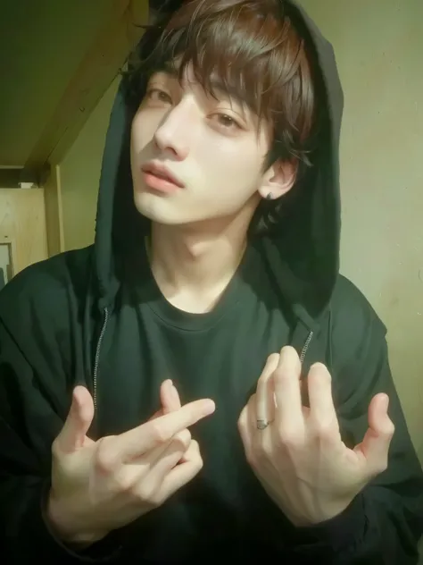 hombre arafed con una sudadera con capucha negra haciendo un gesto con las manos, jungkook, Jungkook, Jungkook, Jungkook, pintar ulzzang, Jungkook, with the index finger, inspirado en Jungkook, young pale angel, pale korean adorable face, Jeon Jungkook, Ju...