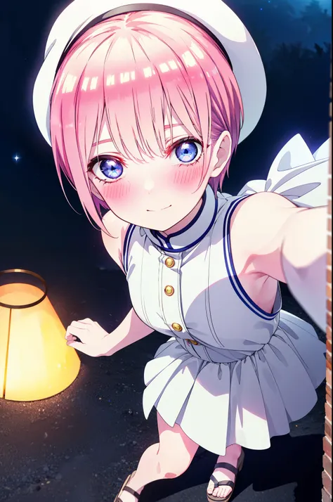 ichikanakano, ichika nakano, short hair, bangs, blue eyes, Hair between the eyes, Pink Hair, Big white hat,smile,Sleeveless white dress,Bare arms,White long skirt,Cute heeled sandals,whole bodyがイラストに入るように,Looking down from above,walk,moonlight,night,ロマンチック...