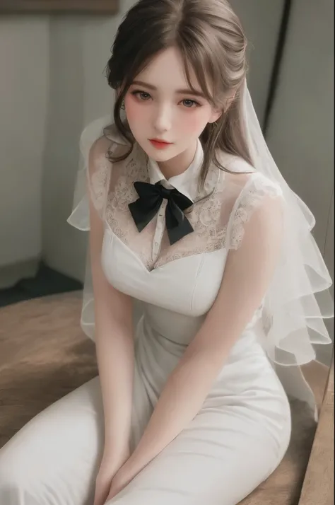 A maid in a white long dress with lace details, black bow, and black stockings, indoor, vintage style, soft lighting, delicate details,illustration,ultra-detailed,(realistic,photo-realistic:1.37),vivid colors,HDR,studio lighting