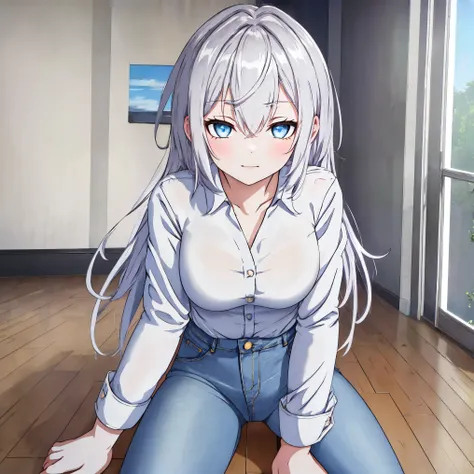 1alisa, solo, blue eye, wearing denim long jeans, white shirts, spreading legs, (masterpiece), (best quality), (extremely intricate)