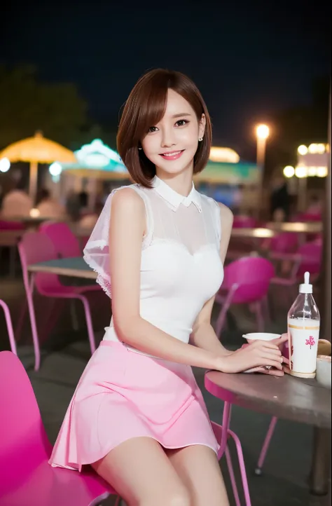 1woman, solo, close up,slender,short hair, white brause and white see through cape and pink mini- skirt,soft smiling,8k, high qu...