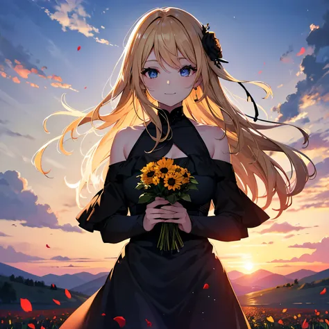 A woman, beautiful black dress, sunset, shoulders, outside, flower field, smile, blond hair, blue eyes.