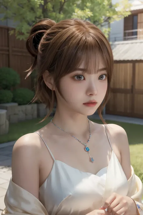 Final fantasy (Yuna) Anime girl with brown hair and a white kimono dress holding her necklace, beautiful character painting, soft anime CG art, realistic anime art style, beautiful anime portrait, beautiful anime woman, photorealistic anime girl rendering,...