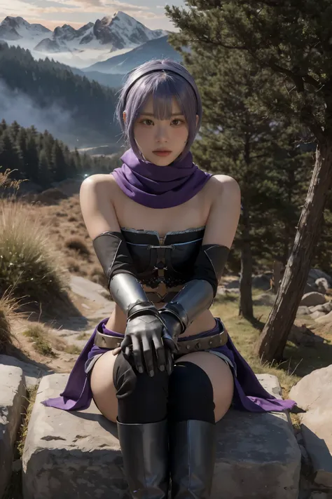 1girl, 1boy, (best quality, beruka, gauntlets), armor, purple scarf, black gloves, pants, boots, bandana on the head, sitting, i...