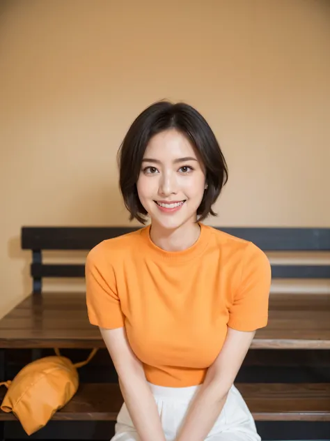 最high quality, 8K, masseter area, energetic, Clear focus, high quality, high resolution, Delicate face, Fine particles, red lips, (Looking at the audience), Solitary, Beautiful woman, 25 years old, (Very short black hair:1.3)、（Bob Hairstyle）、（Standard body...