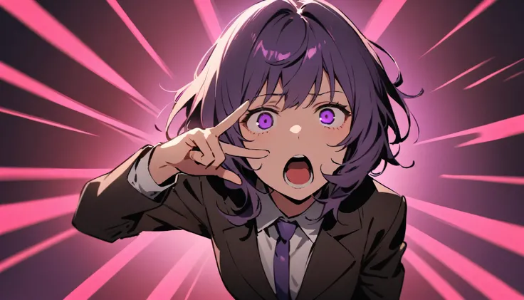 girl,nice, 1 person, Dark atmosphere, Black purple background, Gloomy face、whole body、Tired look、Corporate slave、suit、My eyes are tired、Looks sleepy、Double peace sign in the center、Dynamic Pose、Sideways、Open your mouth wide、shout