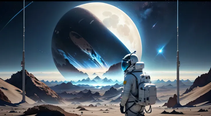 There is a man in a space suit standing on a planet, astronaut stranded on planet, astronaut on the moon, astronaut standing and watching, astronaut lost in liminal space, astronaut standing looking, Looking into space,  astronaut, futuristic astronaut, on...