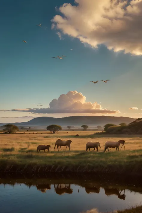 Many animals overlooking a vast savanna landscape with rolling hills, a tranquil lake reflecting the sky, and a flock of birds soaring through the air, (best quality,8k,highres,masterpiece:1.2),ultra-detailed,(realistic,photorealistic,photo-realistic:1.37)...