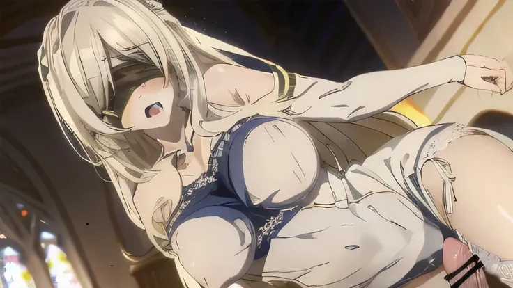 NSFW,(((1girl,1boy,sex  ,vaginal ))),,swordmaiden, sword maiden, long hair, bangs, blonde hair, blindfold, (covered eyes:1.2), black blindfold, (large breasts:1.2), pout, pouting, puffy cheeks,
BREAK dress, jewelry, necklace, (white dress:1.5), bare should...