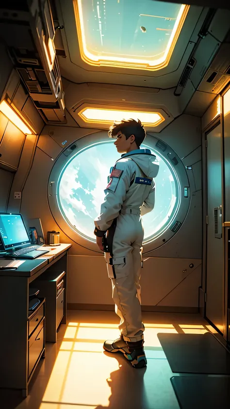 
Scene:
 * Astronauts bedroom inside a spaceship.
 * Bed, desk, and other space-age furniture.
 * Panoramic window with a view of planet Earth.
 * Faint sunlight barely illuminating the room, creating deep shadows.
 * Colorful artificial neon lights in the...