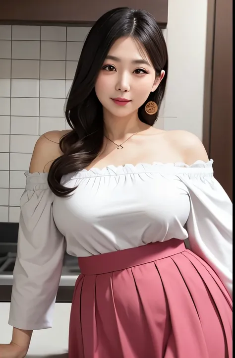 Beautifull, mother-in-law, japanese, off shoulder, seductive expression, in the kitchen, voluptuous, conquer circle skirt pattern,