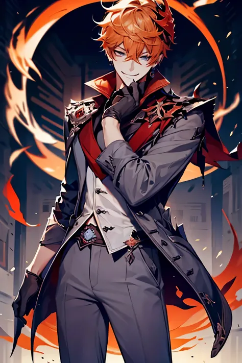 (masterpiece), (highres), childe, solo, looking at viewer, short hair, blue eyes, shirt, gloves, 1boy, holding, hair between eyes, jewelry, grin, smile, jacket, male focus, earrings, black gloves, pants, orange hair, mask, single earring, red scarf, grey j...