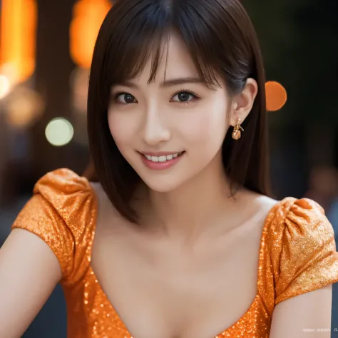 One Girl, (wearing an orange glitter dress:1.2), (RAW Photos, highest quality), (Realistic, Photorealistic:1.4), Tabletop, Very delicate and beautiful, Very detailed, 2k wallpaper, wonderful, In detail, Very detailed CG Unity 8k wallpaper, Very detailedな, ...