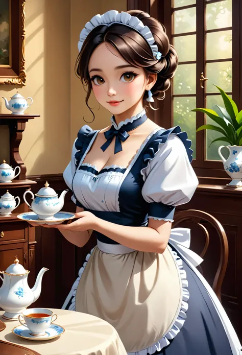 In the style of romanticism、Image of an elegant maid holding a tea set in a Victorian interior。Soft light penetrates、There is a warm and relaxed atmosphere。