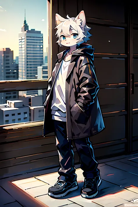 japanese style furry character，the coat color is white，the clothes are more fashionable and loose, and the colors and fur colors...