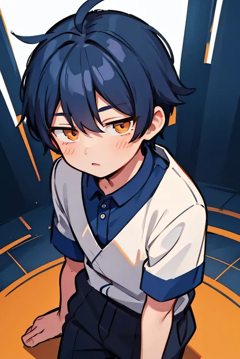 A boy with dark blue hair and orange eyes