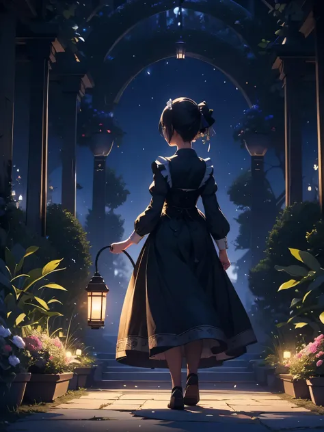 A maid is looking up at the night sky in the garden、Or walking through a garden at night with a lantern。Using the fantastic contrast of light and shadow、Creates a romantic and mysterious atmosphere。