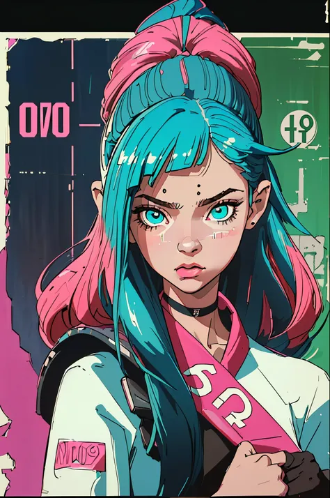 (melhor qualidade, Obra de arte), 1 garota,cabelo rosa curto, 1980s (estilo cyber punk), olhando para o espectador, Poster (estilo), tronco,