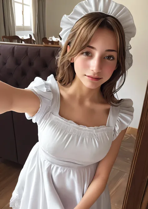 Beautiful young woman taking a selfie, Taken with iPhone camera、Beauty of Spain,Beautiful Face、Figure skater,((Maid clothes:1.3)),