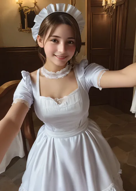 Beautiful young woman taking a selfie, Taken with iPhone camera、Beauty of Spain,Beautiful Face、Figure skater,((Maid clothes:1.3)),