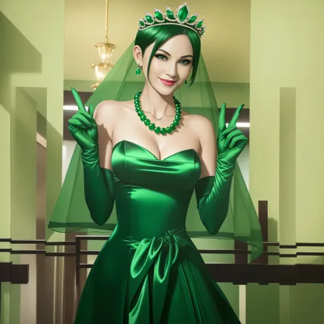 Emerald tiara, Green Pearl Necklace, Boyish very short green hair, lipstick, Woman in her 30s Japan smiling, Very short hair, Big and beautiful, Green Eyes, Long green satin gloves, Big Breasts, V sign, Emerald Earrings, Green veil
