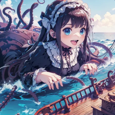 giant girl leaning out of the sea. she wears a gothic dress. dress with ruffles. innocent laughter.  grab and sink the ship. woo...