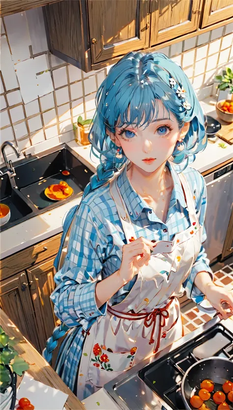 (((paper cutting style))), 1 girl, blue long medium hair, long braid, blue check shirts, apron, kitchen , portfolio from above